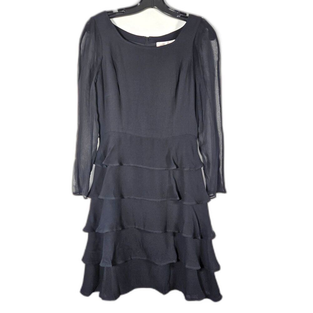 Vintage Genny Made In Italy Black Ruffle Cocktail Dress Sheer Sleeve Size 6